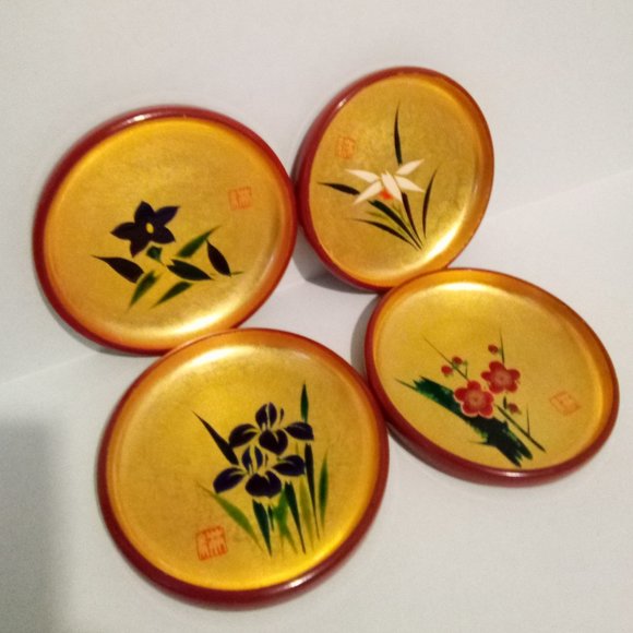 Vintage Mid-Century Wood Lacquerware Gold Gilt Bowls Signed - Picture 2 of 8